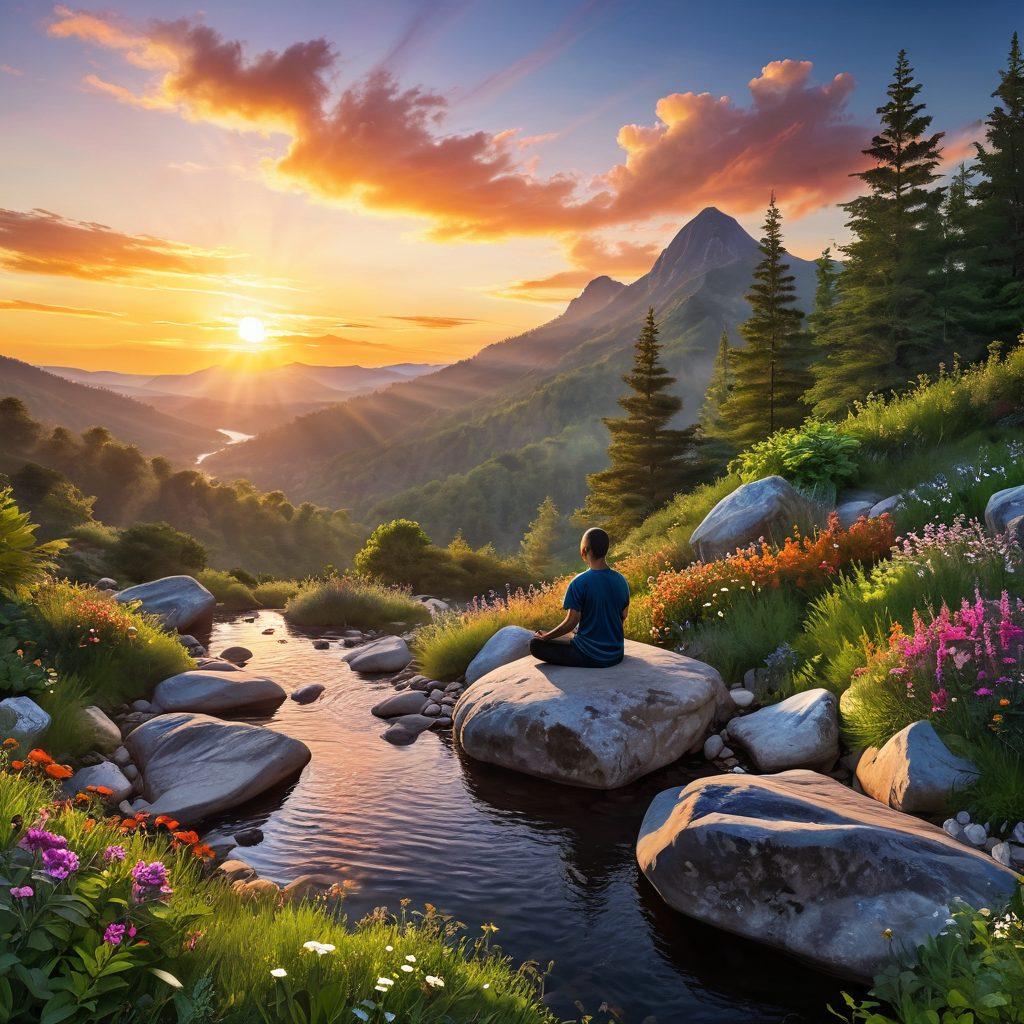 A serene landscape featuring a person meditating on a mountaintop, surrounded by lush greenery and a bright sunrise in the background, symbolizing mental and physical wellness. Include elements like vibrant wildflowers and a gentle flowing stream, emphasizing the connection between nature and health. super-realistic. vibrant colors. peaceful ambiance.