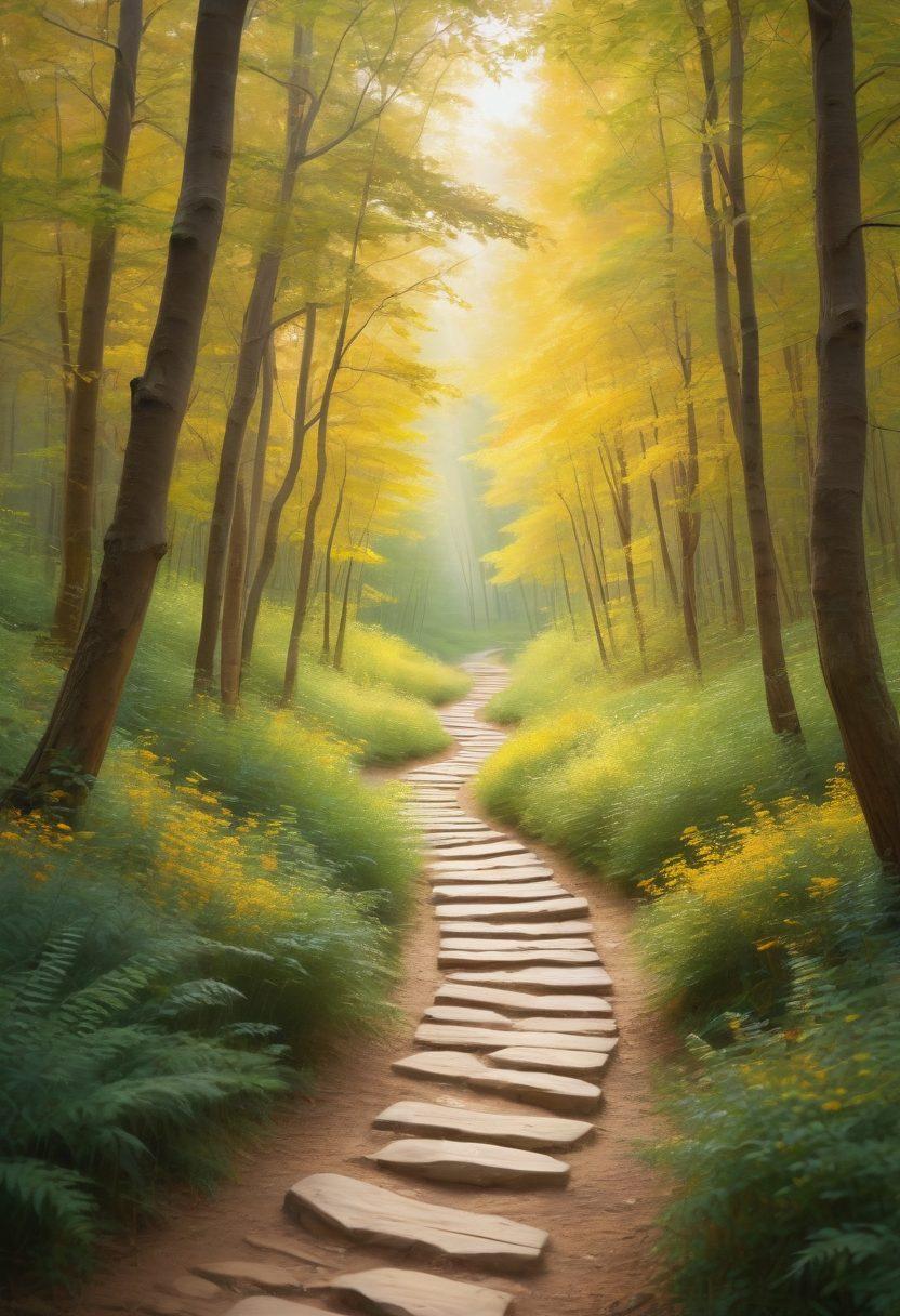 A serene landscape depicting a winding path through a vibrant forest, symbolizing a journey towards wellness. Along the path, glowing lanterns symbolize optimism, while diverse individuals practice mindfulness activities like yoga and meditation. Soft sunlight filters through the trees, creating a warm, inviting atmosphere. The color palette features calming greens and warm yellows, suggesting peace and health. pastel colors. impressionist style.