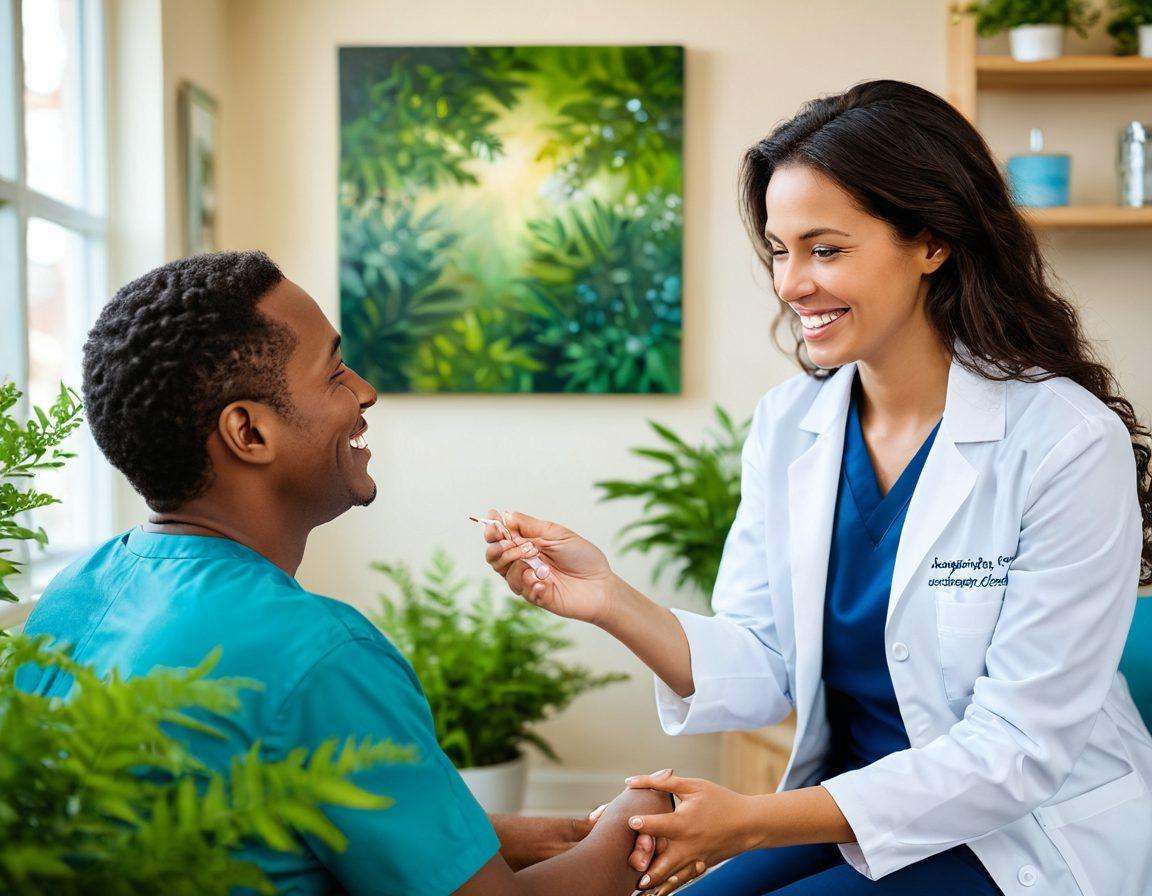 A compassionate healthcare provider interacting with a smiling patient in a warm, inviting clinic filled with greenery. The patient appears more confident and empowered, highlighting the transformation from feeling vulnerable to becoming an active partner in their care. Include soft natural lighting to create an uplifting atmosphere, along with motivational quotes subtly integrated into the background. painting. vibrant colors.